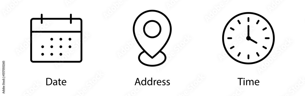 Poster Address location icon. Stopwatch timer icon. Date Calendar icon - Web icons set . Editable stroke. editable line