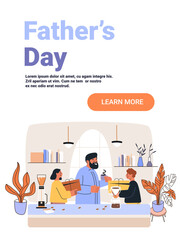 Fathers Day family celebration coffee gifts kitchen modern interior plants cheerful people flat design website banner