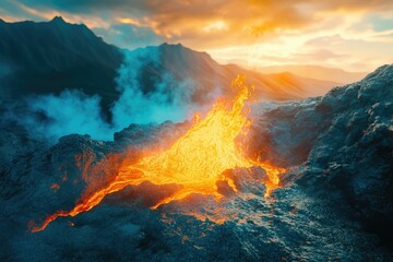 Volcanic eruption on a rocky landscape with lava flowing, smoke rising, and mountains against a dramatic sky.