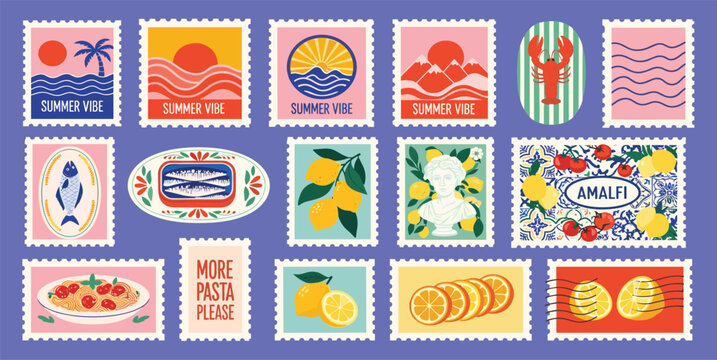 Italian summer mediterranean trendy postage stamps. Vector illustration of beach, waves doodle, canned sardine, antique bust, lobster, fish, pasta, nautical seal, sea and ocean for icons and stickers