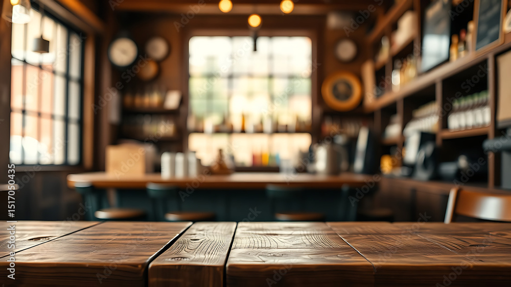 Poster empty wooden table rustic and blurred background of bar or pub for product display high quality phot