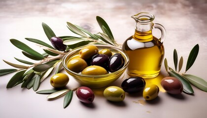 assorted olives with olive oil and olive branches creating culinary delight