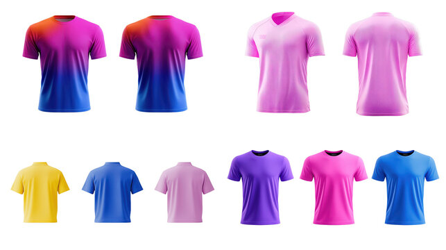 Colorful gradient t-shirts in various styles for men and women, featuring shades of pink, purple, and yellow. - Powered by Adobe