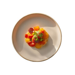 Colorful chopped fruit salsa with fresh herb on sunlit beige plate