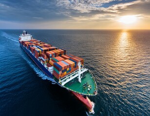 Fototapeta premium aerial view of cargo ship loaded with colorful containers