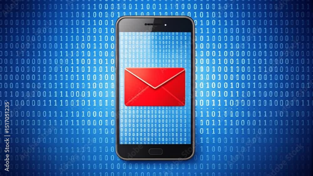 Poster mobile email security, red envelope on mobile device against binary background, data privacy