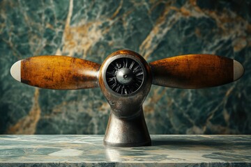A vintage airplane propeller with wooden blades, presented against a marble backdrop, evoking nostalgia and historical aviation charm.