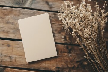 Blank card and dried flowers on a rustic wooden surface creating a warm and natural ambiance.