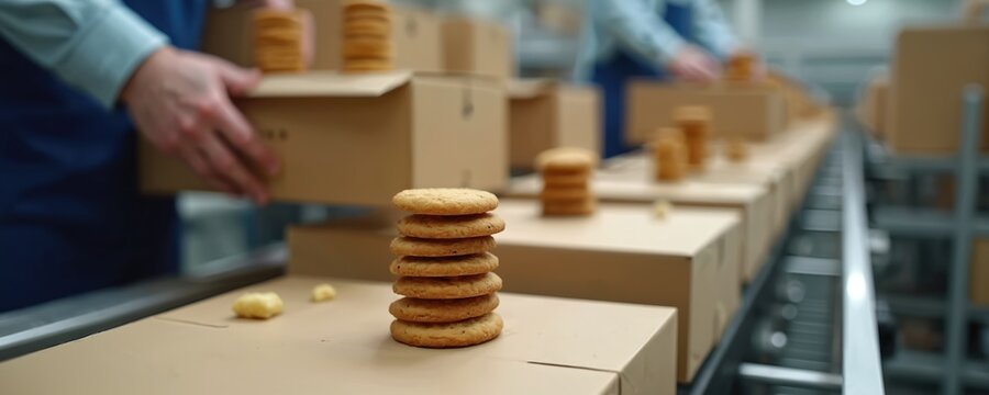 Stacked cookies moving on conveyor belt at food production plant. Workers pack cookies in boxes. Automated packing, commodity production, consumer goods consumption, trade manufacture.