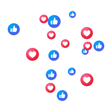 Facebook Like and love icon button, social media reaction icons background, hearts and thumbs up symbols in red and blue button icon. engagement, feedback, interactive elements