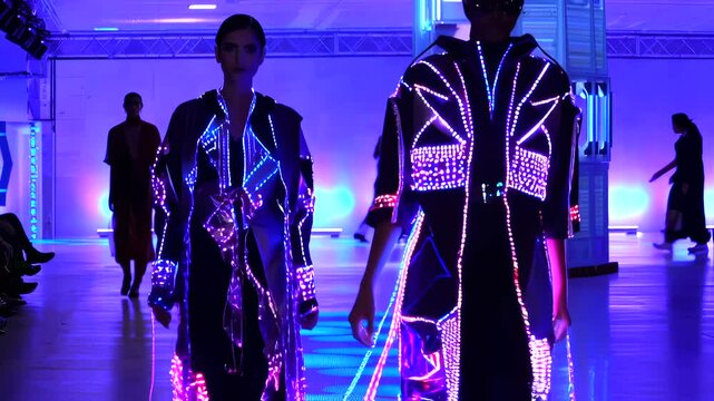 Sleek fashion model strutting LED embedded clothing across runway during cutting edge tech fashion event, showcasing avant garde design aesthetic