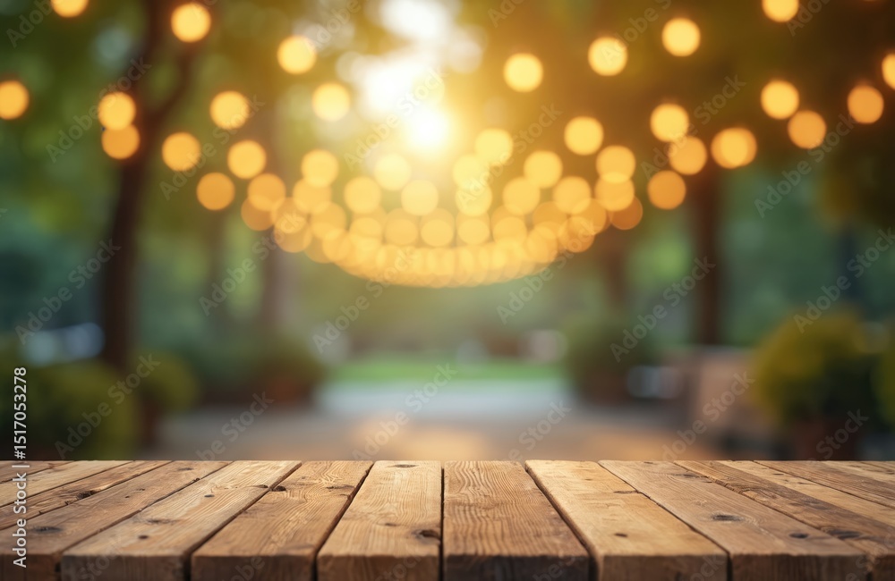 Aufkleber wooden table with blurred background of bokeh lights. top of a wood table. empty surface for product