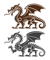 Brown and gray mechanical dragon illustrations with winged design and segmented body parts