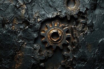 A close-up of weathered, interlocking gears embedded in a dark, textured surface evokes industrial decay and age.