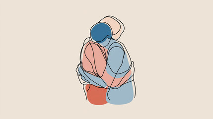 Minimalist abstract line art showing two people in an emotional embrace on beige background, ideal for therapy, emotional awareness, and relationship topics