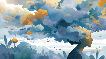Peaceful dreamlike artwork of a person surrounded by floating clouds and abstract flowers in blue and orange, perfect for meditation, healing and nature themes