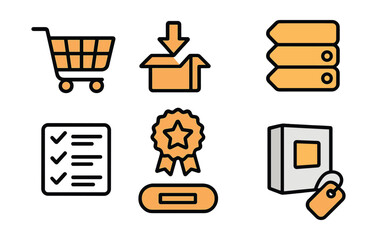 Outline with Fill vector icons of online shopping for tools: cart icon, digital download, product badge, pricing tier, comparison list, payment button, software box, license tag.