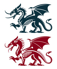 Dark blue and crimson skeletal dragon illustrations with curled tails and extended wings in flat style