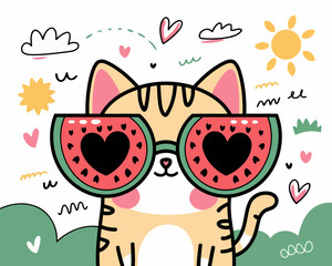 Fototapeta premium Cute cartoon cat wearing watermelon slice sunglasses with heart-shaped seeds and cheerful summer vibe