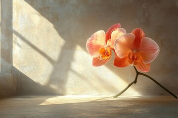 Softly lit peach orchids cast delicate shadows on a textured wall, creating a serene and minimalist aesthetic. © Color