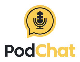 PodChat logo design with yellow speech bubble and vintage microphone icon for modern podcast branding