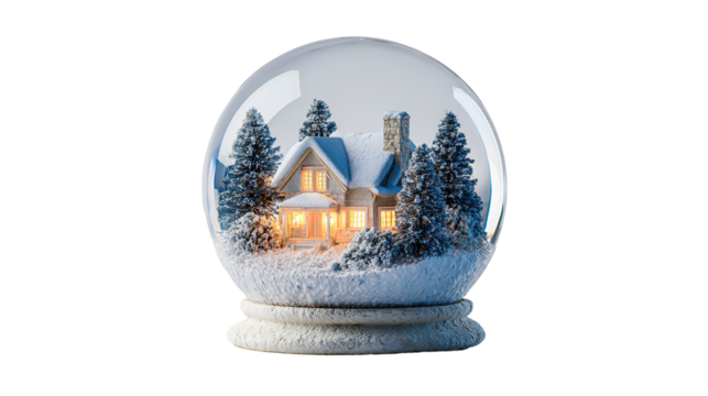A captivating snow globe showcases a charming winter scene with a cozy house surrounded by snow-covered trees.
