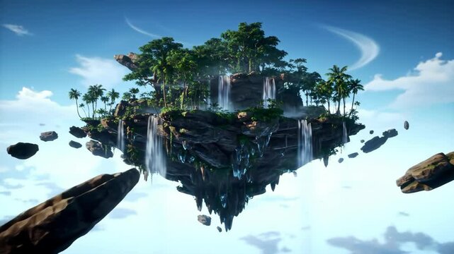 Floating island with lush greenery and waterfalls suspended in the sky against a bright blue cloudscape