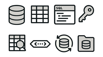 Outline with Fill icon set for database architecture: database stack, table icon, query panel, field key, search column, connection string, data sync, DB folder.