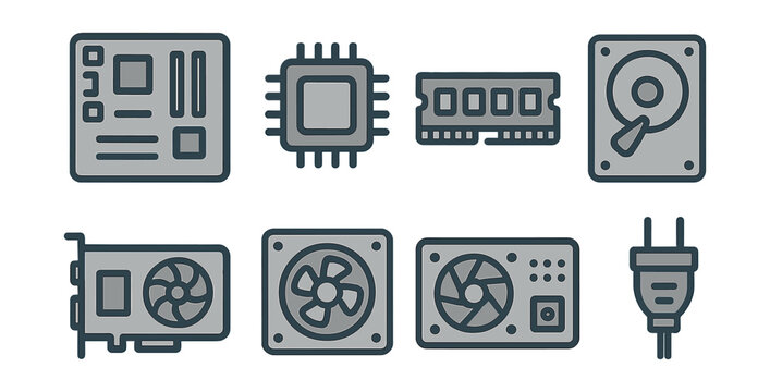 Outline with Fill icon set for computer hardware basics: motherboard, CPU chip, RAM stick, hard drive, GPU, cooling fan, power supply, cable plug.