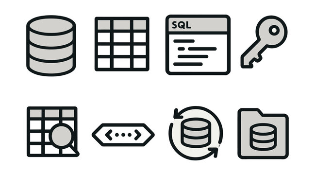 Outline with Fill icon set for database architecture: database stack, table icon, query panel, field key, search column, connection string, data sync, DB folder.