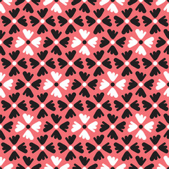 Retro floral motif graphic pattern. Doodle flower seamless illustration vector in red, white and black.