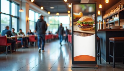Fast food restaurant interior with burger display and customers  