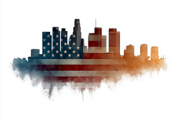 American Flag Over Urban City Skyline – Patriotic Double Exposure Artwork with Red, White, and Blue – Independence Day and USA Pride Concept Illustration