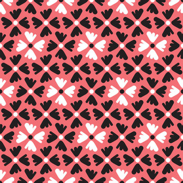 Retro floral motif graphic pattern. Doodle flower seamless illustration vector in red, white and black.