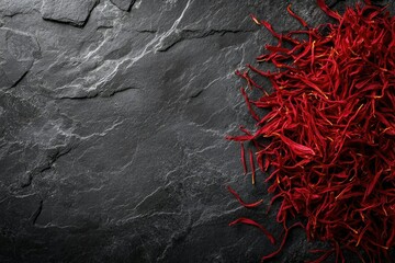 Saffron threads on dark slate background, showcasing the vibrant red spice against the rough texture.