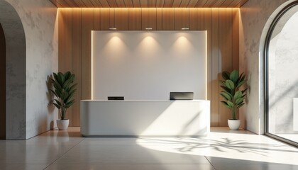 Modern reception area with sleek desk and potted plants in daylight  