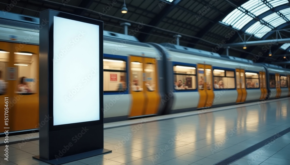 Poster subway station with blank advertisement panel and passing train