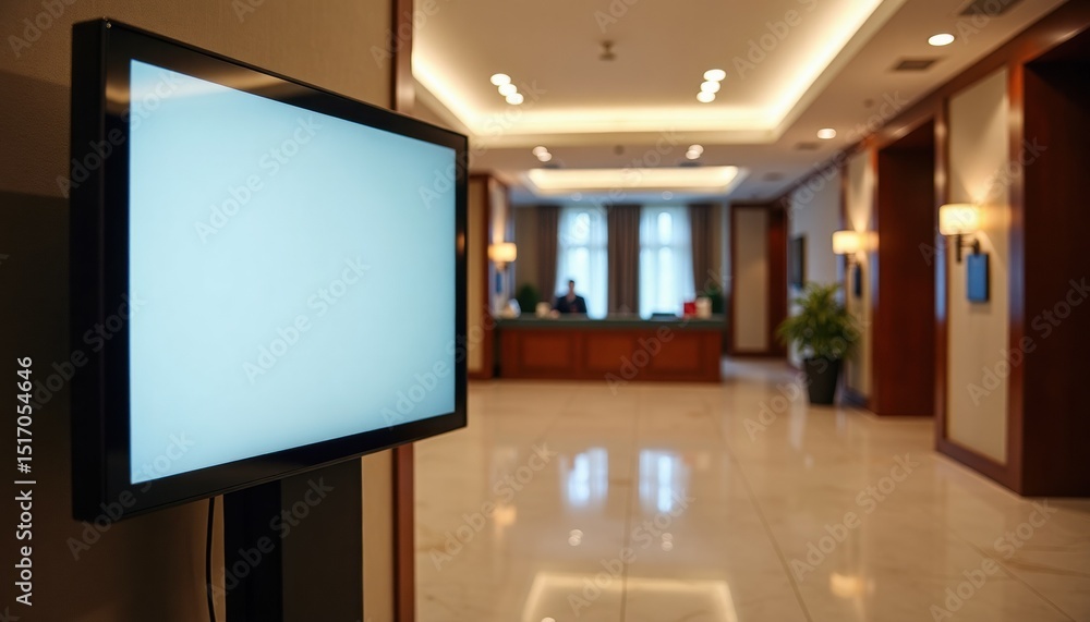 Poster digital display in modern hotel lobby during quiet daytime hours