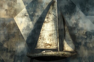 Textured sailboat artwork with geometric patterns evokes a nautical aesthetic in muted, vintage tones.