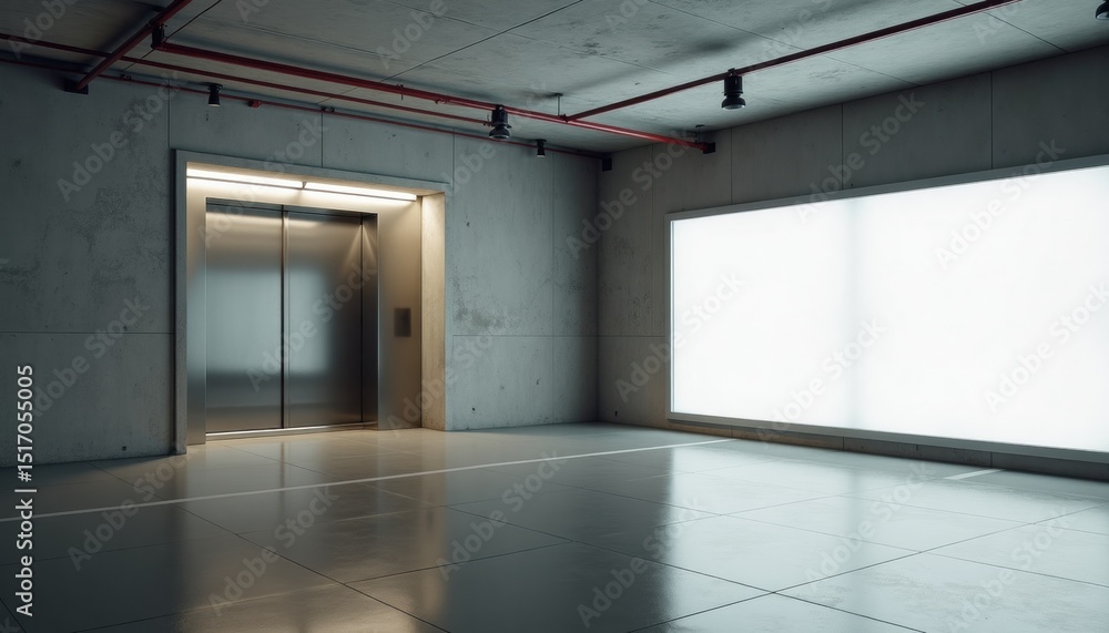 Poster modern elevator lobby with concrete walls and large window