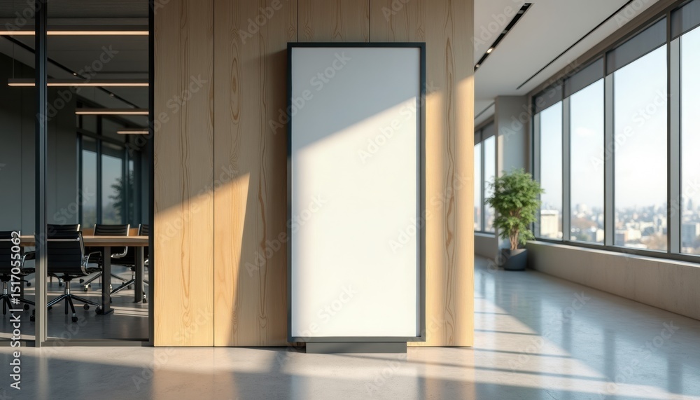 Poster minimalist office interior with a blank display and large windows