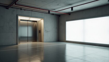 Obraz premium Modern elevator lobby with concrete walls and large window 