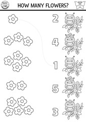 Match the numbers black and white nature forest game with owl, flowers. Woodland fairy activity, coloring page for kid. Fairytale counting worksheet. Number matching math game with bird
