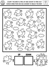 Fototapeta premium Fairyland, forest nature logic game with up, down concept for kids. Black and white I spy searching, counting activity with bird, nest. Printable space orientation worksheet, puzzle, coloring page