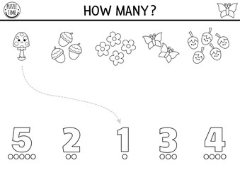Match the numbers black and white nature forest game. Woodland fairy activity, coloring page for kids. Fairytale counting worksheet. Number matching math game with acorn, mushroom, butterfly