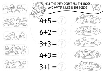 Math and counting black and white game with girl. Help the swamp fairy count frogs and water lilies in pond. Fairyland addition, matching activity. Fairytale printable worksheet, coloring page