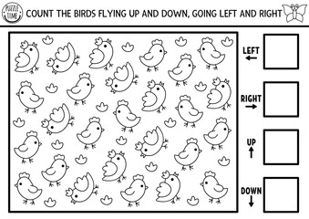 Fairyland, forest nature logic game with right, left, up, down concept. Black and white I spy searching, counting activity with bird. Printable space orientation worksheet, puzzle, coloring page