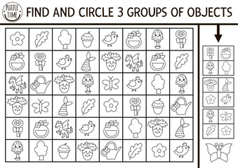 Fairyland black and white seek and find game with woodland symbols. Attention skill puzzle with berry, flower. Forest fairy printable activity, coloring page for kids. Magic garden searching puzzle