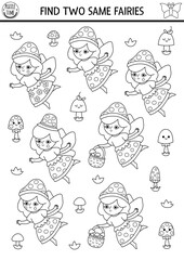 Find two same mushroom fairies. Fairyland black and white matching activity, coloring page for children. Magic garden or forest educational quiz worksheet for kids. Printable game with cute girl