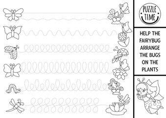 Vector black and white handwriting practice worksheet with woodland fairy arranging bugs on plants and flowers. Printable activity, coloring page for kids with insects. Fairyland tracing game